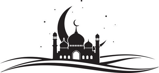 A mosque silhouette under a crescent moon © Adiba