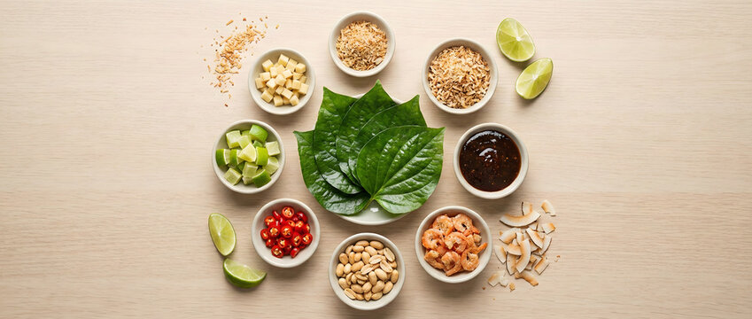 Traditional Thai snack Miang Kham with betel leaves and herbal ingredients on wood table