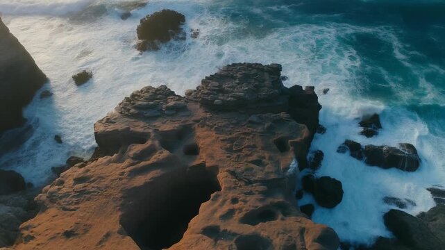 Rugged rocky coastline with waves crashing against the shore from an aerial viewpoint