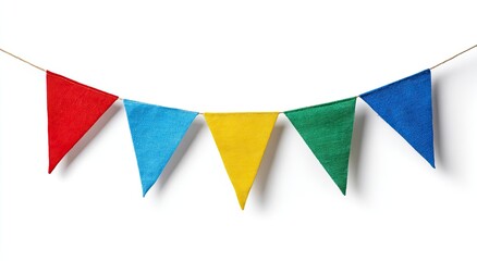String of colorful triangular flags, suspended on a white background, creating a festive display