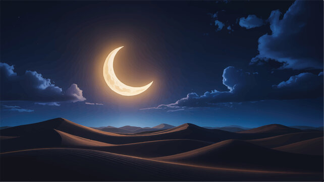 A digital art illustration of a serene nighttime desert landscape with a glowing crescent moon in the center