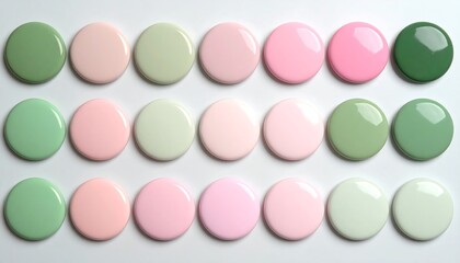 Obraz premium Array of pastel circles, top-down view, alternating greens and pinks on a plain white surface with soft lighting