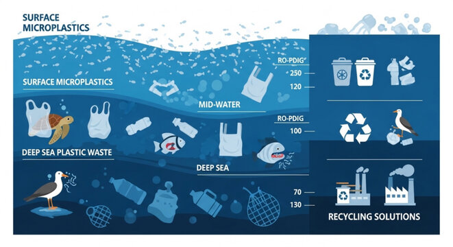 Infographic illustrating surface microplastics deep sea plastic waste and recycling solutions in ocean layers