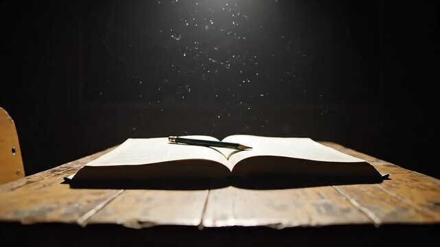 Open book and pen bathed in light on a wooden desk, evoking knowledge and imagination.