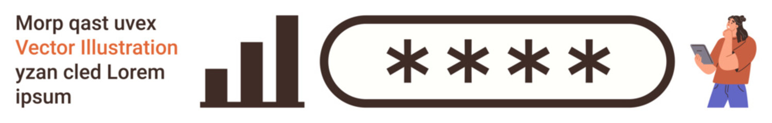 Obraz premium Data security, password management, analytics, technology usage, cyber safety, digital protection. Graphs, asterisks in a password field person with tablet. Data security and password management