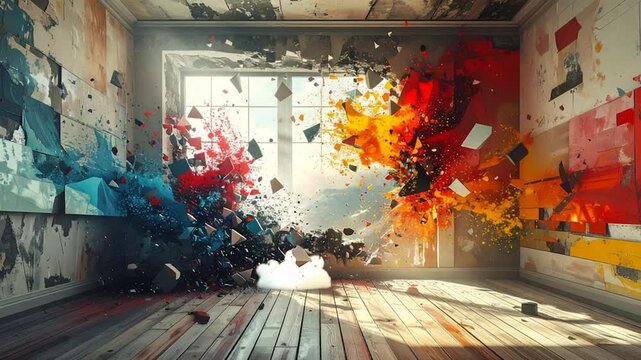 Room explosion with vibrant colors, debris, and a window view