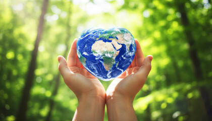 Hands Holding Heart Shaped Planet Earth Sustainability Concept.