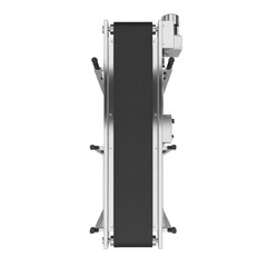 Overhead view of a pristine matte black industrial conveyor belt on polished reflective stainless steel, sharp focus on a transparent studio backdrop, perfect catalog technology display