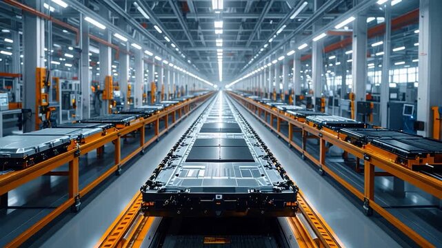 Production line of a modern factory with battery components