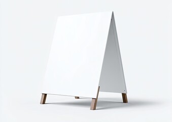 A white a-frame sign with blank panels and wooden legs stands against a white backdrop