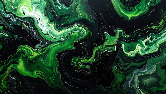 Abstract swirls of bright green and white intertwine amidst a dark, inky background creating a dynamic pattern