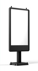 Vertical black advertising display with a blank white screen, isolated against a white background