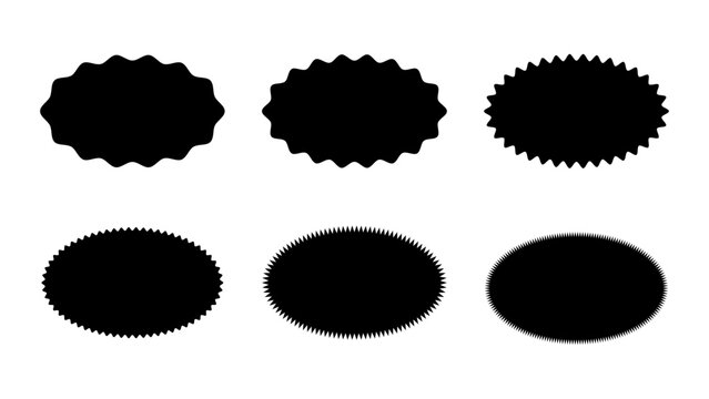 Wavy edge ellipse shape set. Jagged zig zag oval element collection. Black graphic design elements for banner poster sticker label tag badge emblem. Vector bundle.
