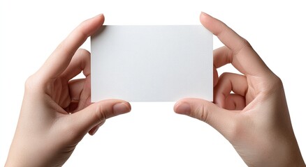 A pair of hands holding a blank white rectangle card against a white background