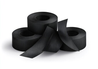 Four black rolls of adhesive tape, three whole and one with strips peeling off