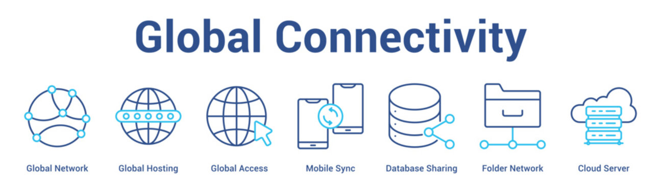 Global Connectivity web banner icon set vector illustration concept for business with icon of Global Network, Global Hosting, Global Access, Mobile Sync, Database Sharing, Folder Netwo.