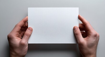 Close-up view of hands holding a blank white card against a plain gray backdrop
