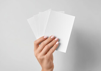 A hand with light pink nails holds a fanned stack of blank white rectangular cards