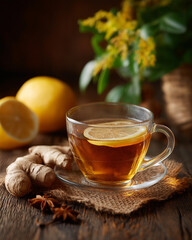Zesty Brew: A cup of steaming herbal tea with a slice of lemon, next to a piece of ginger and other herbs, is the perfect companion for a serene moment, emanating warmth and tranquility.