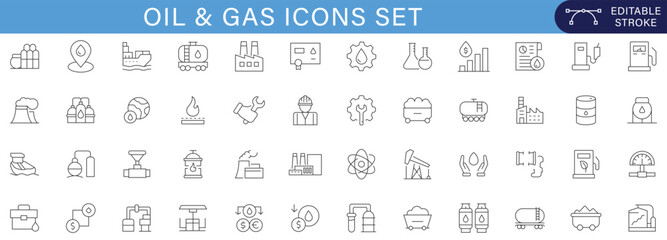 Minimal oil and gas industry outline icons featuring refinery, drilling, fuel station, pipeline, tanker, offshore platform, and energy production symbols with editable stroke style. © Loosiniiii