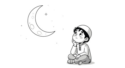 Obraz premium Young Boy Looking at Crescent Moon 1.