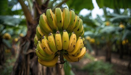 Naklejka premium Banana Bunch in Plantation: A vibrant cluster of ripe bananas hangs heavily from a banana tree, showcasing the bounty of the plantation.