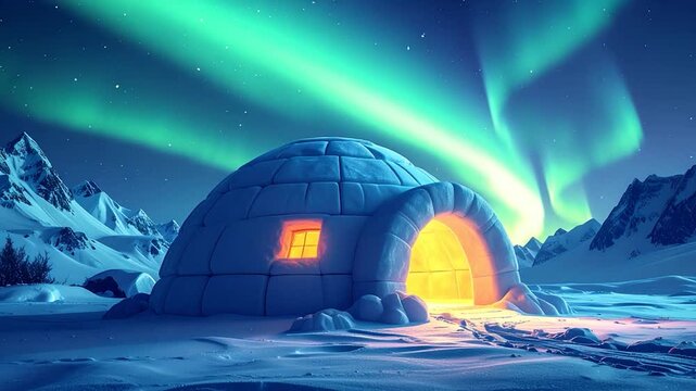 An igloo with a warm glow sits under aurora borealis