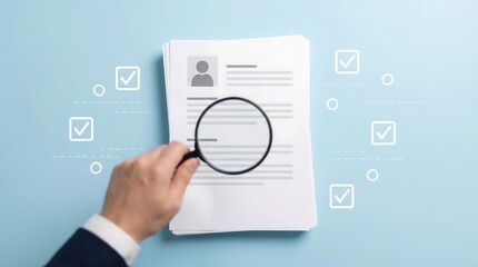 Fototapeta premium A professional hand holding a magnifying glass carefully examining details on a resume or document, surrounded by digital checklist icons on a blue background.