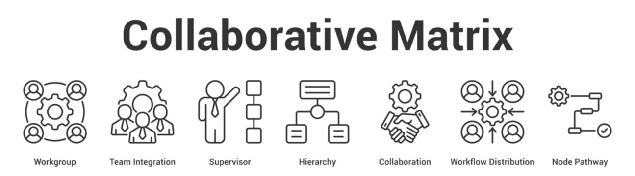 Collaborative Matrix web banner icon set vector illustration concept for business with icon of Workgroup, Team Integration, Supervisor, Hierarchy, Collaboration, Workflow Distributi.