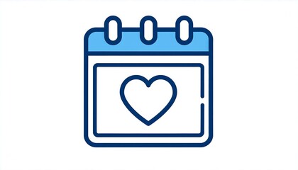 A blue stylized calendar icon with a heart symbol on its central page. Three small circles sit on the top edge, suggesting days