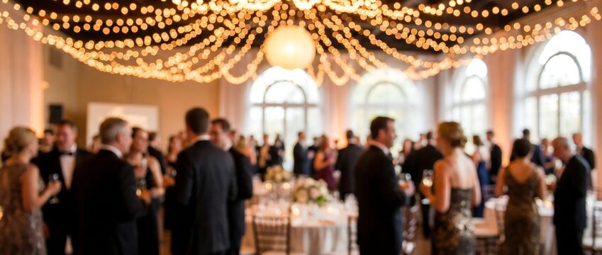 A elegant blurry crowd of formally dressed guests is socializing and enjoying a celebratory event under beautiful string lights in a large hall.