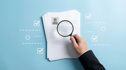 Fototapeta premium A person's hand holds a magnifying glass over a resume stack, with illustrative checkmarks and circles floating on a blue background.