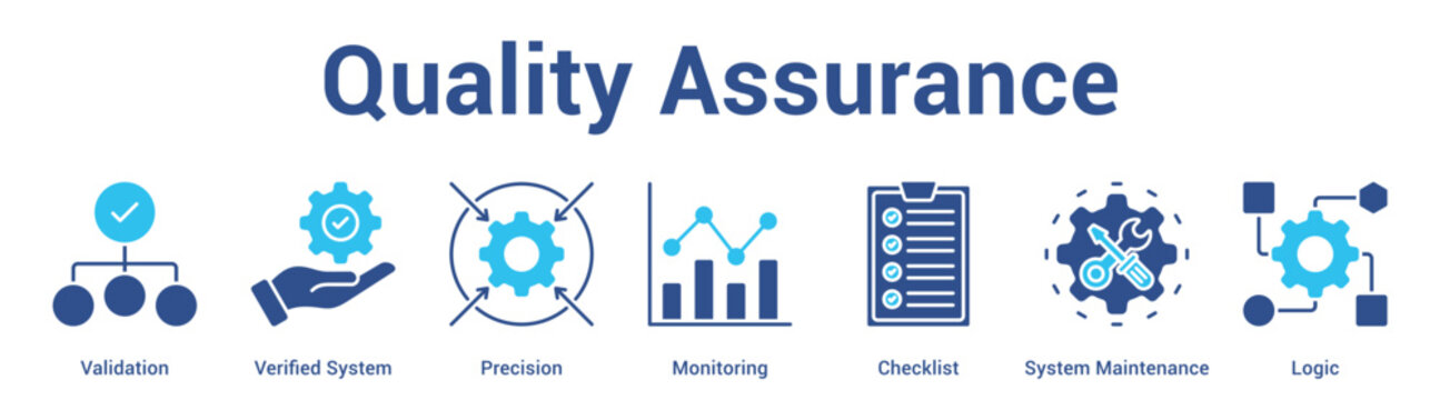 Quality Assurance web banner icon set vector illustration concept for business with icon of Validation, Verified System, Precision, Monitoring, Checklist, Sys.