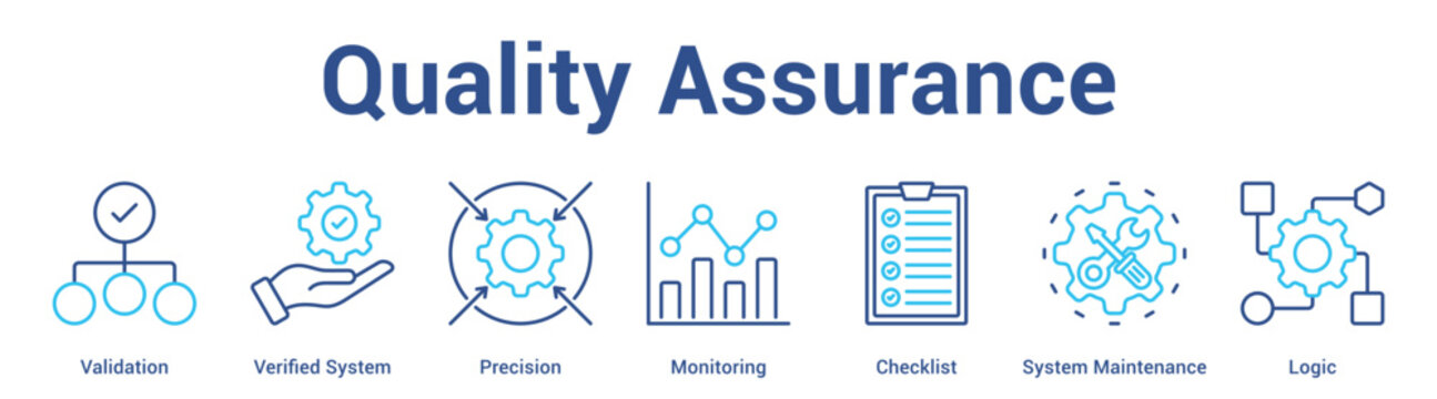 Quality Assurance web banner icon set vector illustration concept for business with icon of Validation, Verified System, Precision, Monitoring, Checklist, Sys.