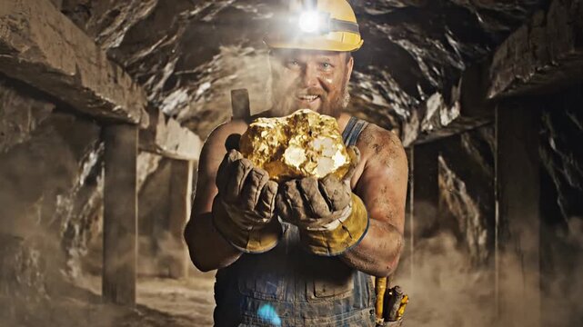 Miner proudly holds large gold nugget in dark underground mine shaft
