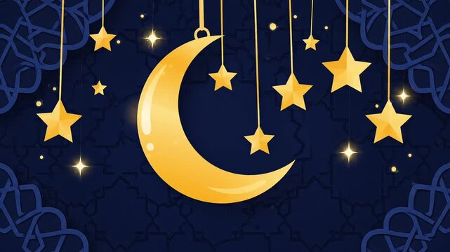 2D vector animation of a hanging crescent moon and stars. Flat design background for Ramadan and Islamic holidays.