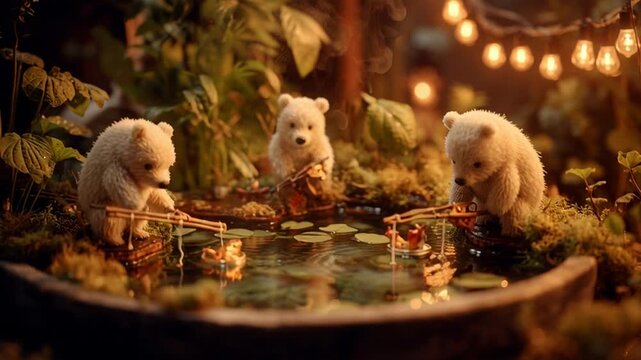 Three Small White Bears Playing Around a Pond in a Serene Forest Setting at Night