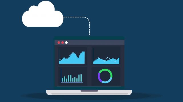 Animated vector illustration showing cloud downloading database from laptop, representing data transfer, cloud computing, synchronization, and modern digital workflow.