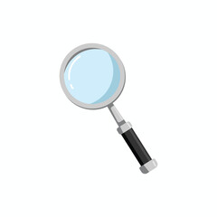 Realistic magnifying glass vector illustration with silver frame and black handle, perfect for search, discovery, and investigation concepts
