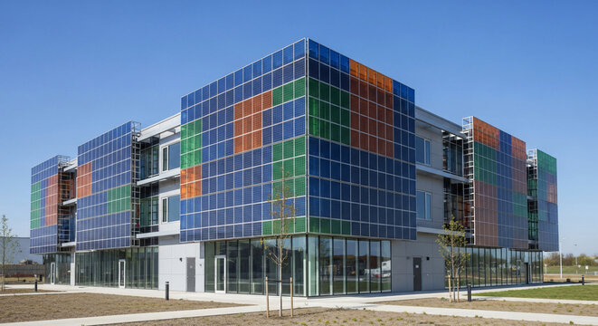 Contemporary Sustainable Office Building Featuring a Colorful Architectural Facade of Integrated Solar Panels