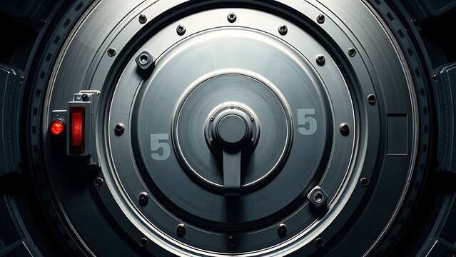 rotational. A large circular metal hatch on a spacecraft bulkhead with a red warning light and handle. product launch decks, UI/UX mockups, designed for product launches and innovation pitches.
