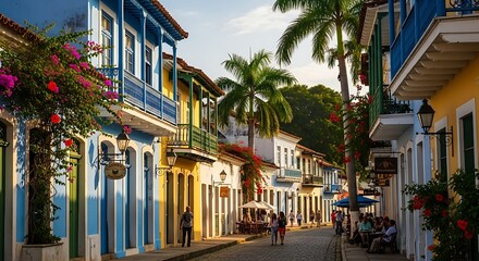 Fototapeta premium Colorful street scene with buildings and palm trees
