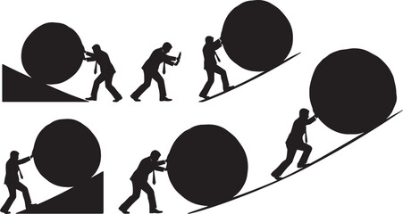 Black Solid Manager Pushing Boulder Uphill Silhouettes Set of Six on White Background © Dreamfly