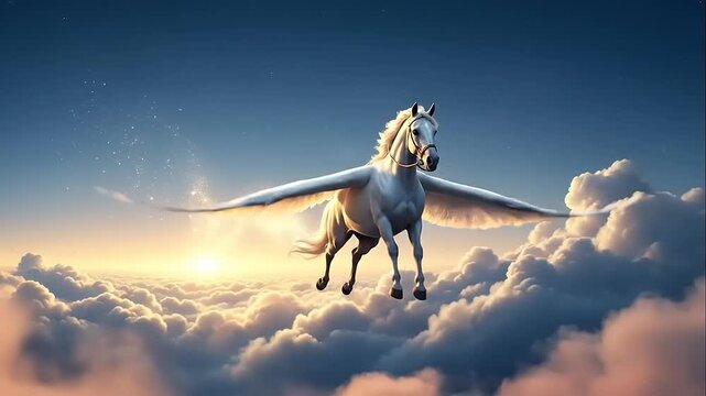 White Pegasus Flying Through Clouds at Sunset.