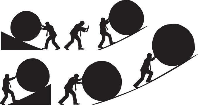 Black Solid Manager Pushing Boulder Uphill Silhouettes Set of Six on White Background