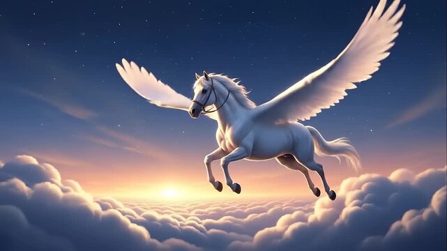 White Pegasus Flying Through Cloudy Sky.