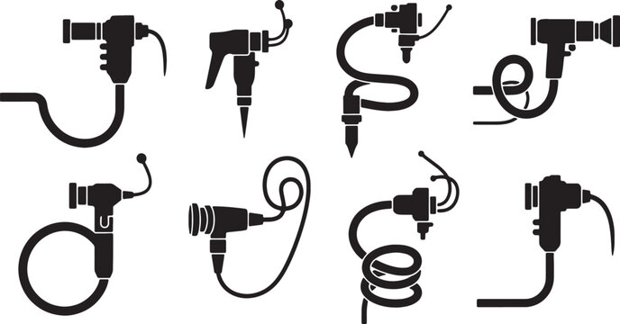 Black Solid Medical Endoscope Camera Silhouettes Set of Six on White Background