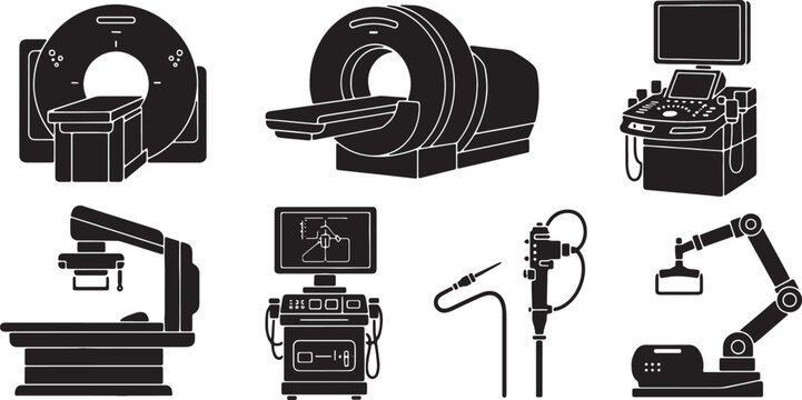 Black Solid Medical Imaging Camera Silhouettes Set of Six on White Background