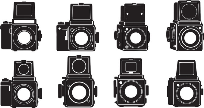 Black Solid Medium Format Camera Silhouettes Set of Six on White Background