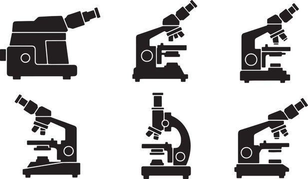 Black Solid Microscope Camera Silhouettes Set of Six on White Background